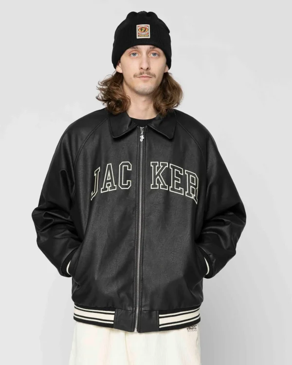 College-Faux Leather Jacket-Black>Jacker Fashion